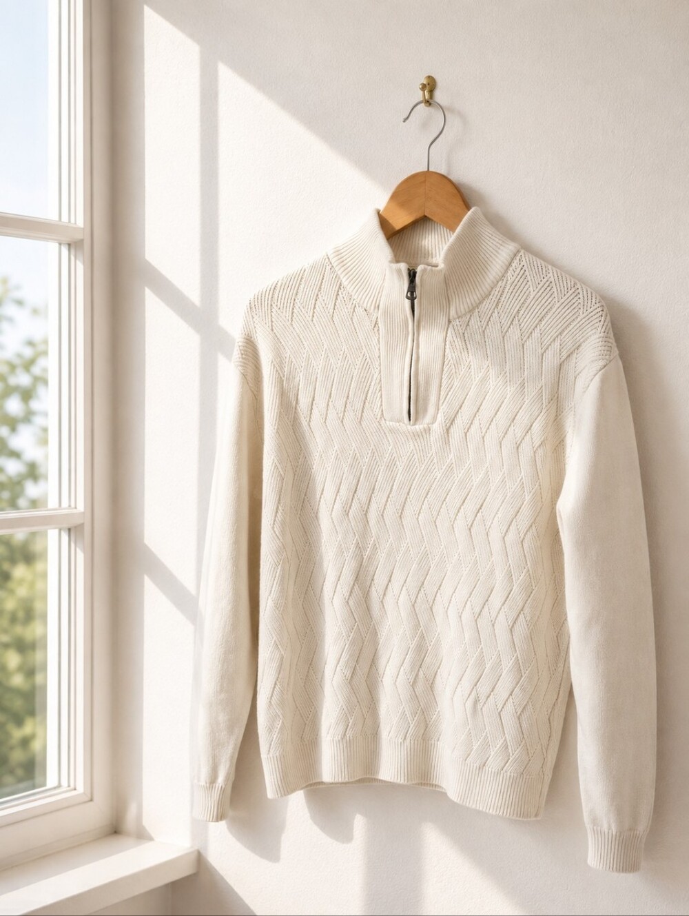 Weatherproof Vintage Men's M Cream Quarter Zip Knit Cotton Sweater Fisherman